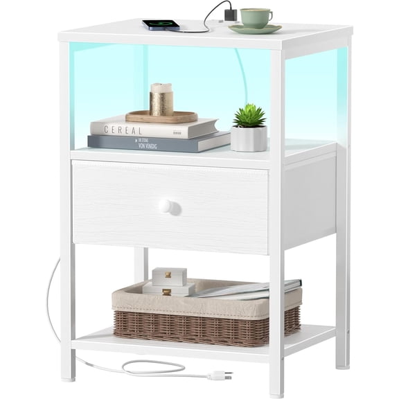 White Nightstand with Charging Station, LED Night Stand with Fabric Drawers and Shelf, Bedside Table with USB Ports and Outlets, Bedroom Nightstand Modern