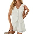 thumbnail image 3 of Women'S 2 Piece Outfits Vest Waistcoat Dressy Casual Sets Wide Leg Short Pants Suits White M, 3 of 9