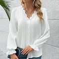 thumbnail image 6 of AXXD White Basic Casual Tops for Women 2024 Fall Solid Color Long Sleeve V-Neck Lace Splicing Hollow Bubble Sleeve Shirt, 6 of 7