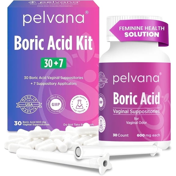 Pelvana Boric Acid Suppositories for Women - 30 Count 7 Applicators - 37 Piece Kit