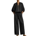 thumbnail image 5 of Zynoxe Two Piece Sets for Women With Pockets Trendy Zipper V Neck Puff Sleeve Top Elastic Waist Drawstring Wide Leg Pants Set Soft Breathable Lounge Set Versatile Solid Color Vacation Outfits 3XL, 5 of 8