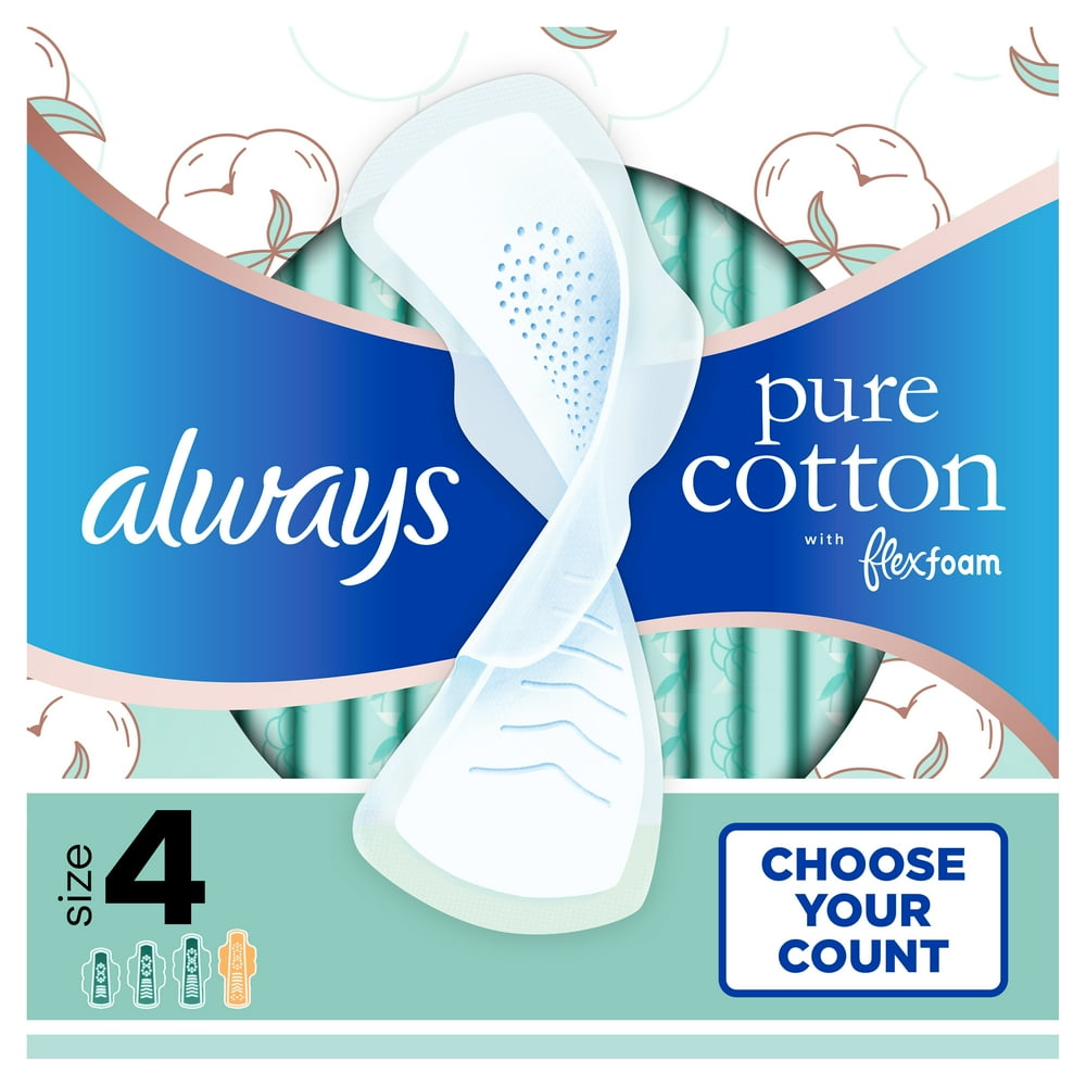 Always Pure Cotton with FlexFoam Pads Overnight Absorbency with Wings, Size 4, 28 Ct Walmart