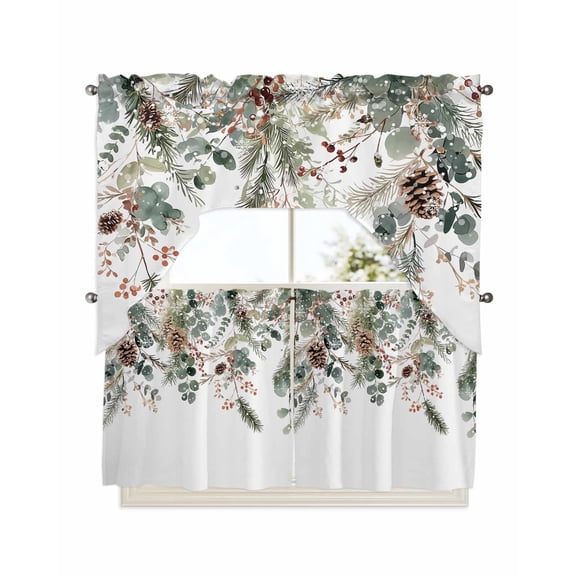 Christmas Kitchen Curtain and Valance Set 3 Pieces,Rod Pocket Short Tier Curtains 24 Inch Length,Xmas Botanical Pinecone Eucalyptus Leaves Swag Topper Small Window Treatment for Cafe Bathroom