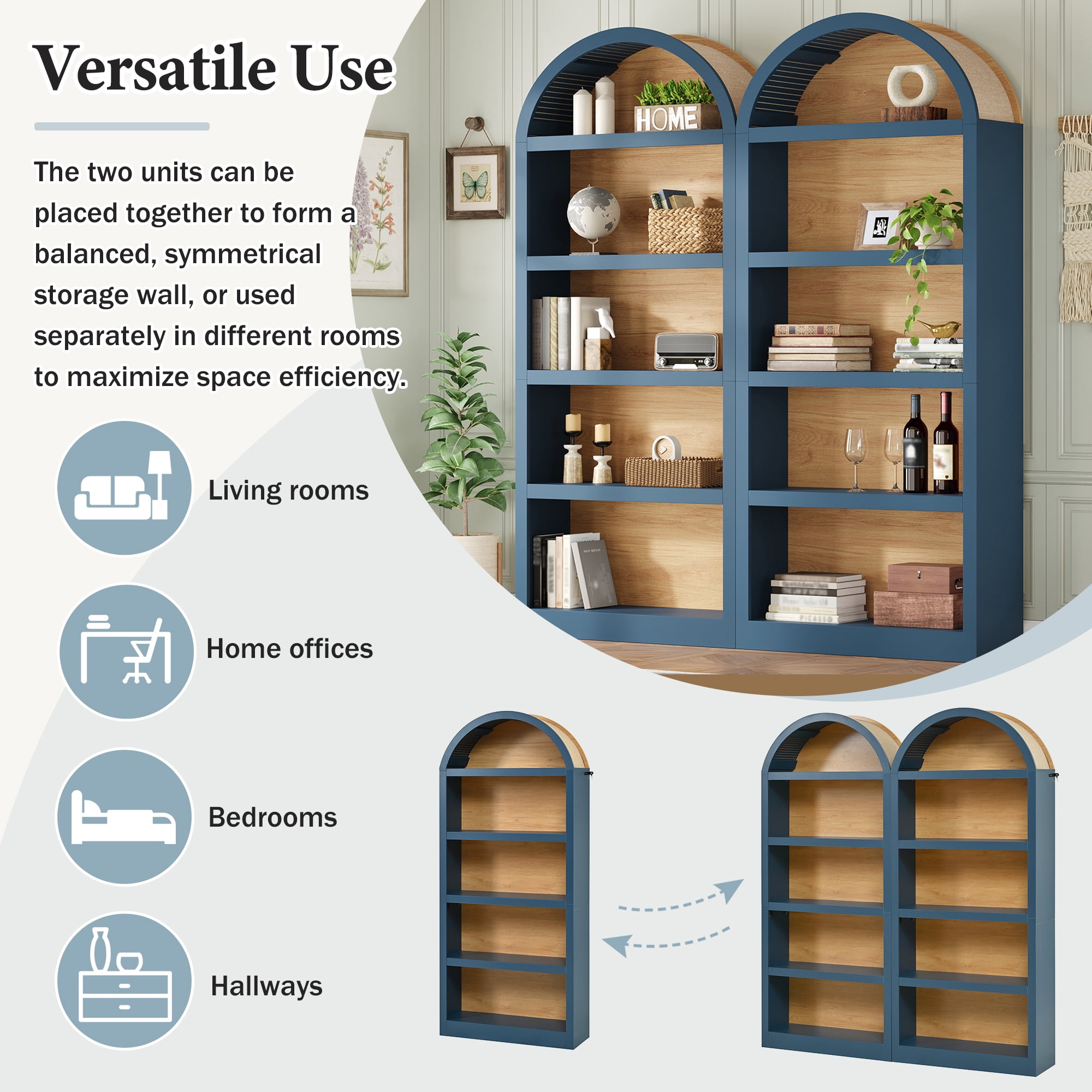 Homy Casa 69" Arched Bookcase Set of 2, Two-Tone 4-Shelf Open Bookshelves for Living Room, Navy Blue