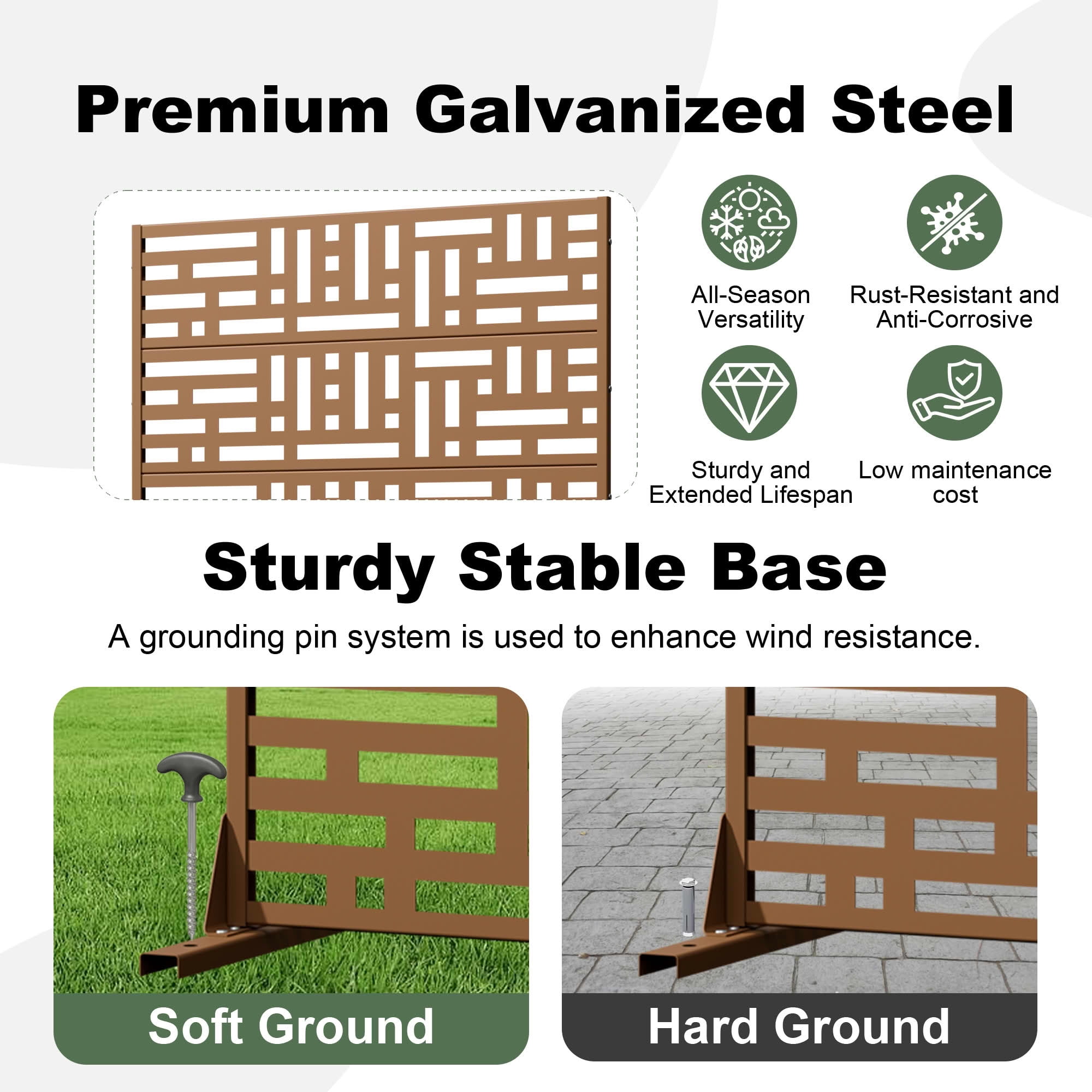 MAYEERTY 72"x47" Outdoor Privacy Fence, 6-Panel Brown Geometric Street Pattern Galvanized Steel Panel, Freestanding for Backyard Garden