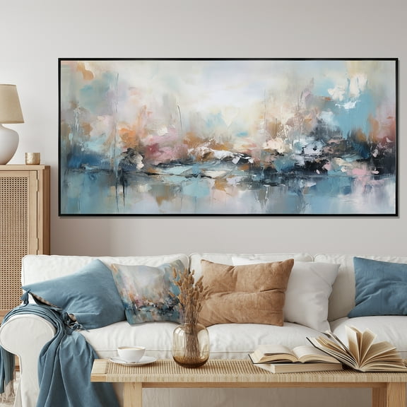 Designart "Vivid Waves Fluid Shades of Grey and Blue II" Extra Large Abstract Framed Wall Art - Modern Grey Abstract Painting Entryway Framed Wall Art