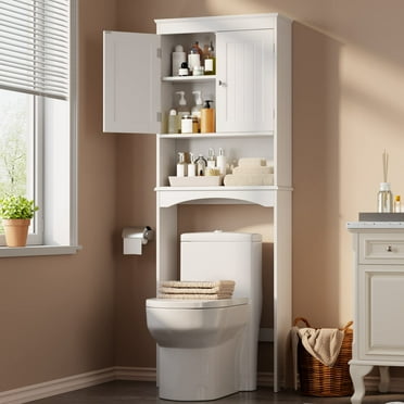 Aiho Over Toilet Storage Cabinet - Space-Saving Bathroom Organizer with Adjustable Shelf, Double Doors & Open Shelf – Freestanding Wood Toilet Cabinet – White
