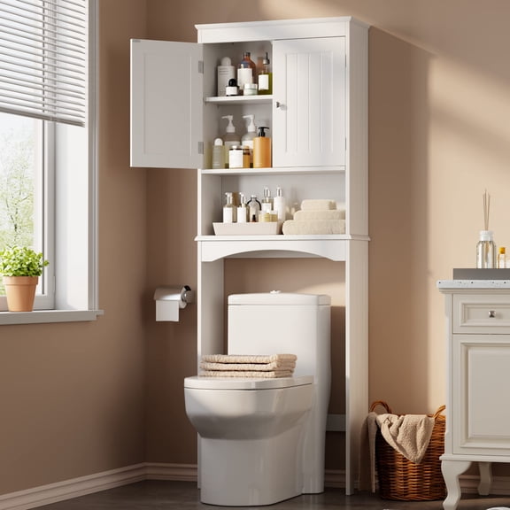 Over Toilet Storage Cabinet with Open Shelves & Doors，Black