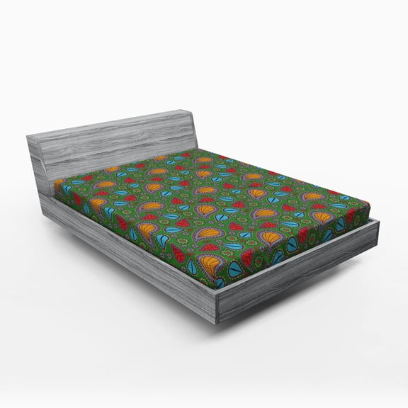 Ambesonne Fern Green Fitted Sheet, Floral Swirls, Full Size, Orange Blue and Red
