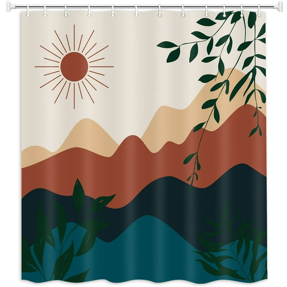 Abstract Mountain Shower Curtain, Mid Century Sunset Leaf Bathroom Shower Curtain Set, Boho Modern Minimalist Geometric Fabric Shower Curtains, 72X72 Inches