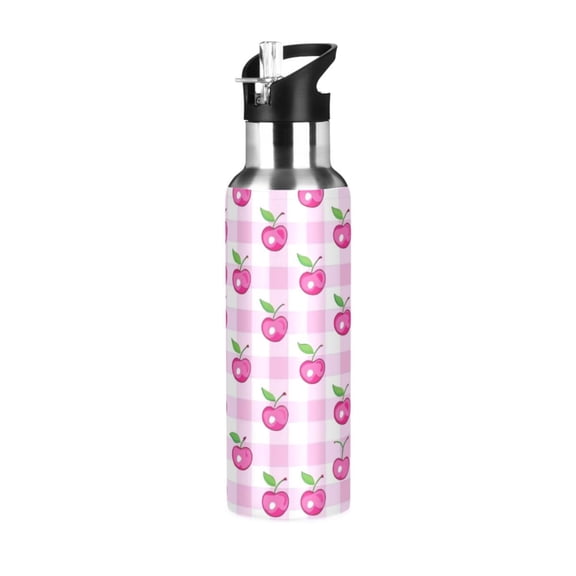 ALAZA Cherry on Checkered Water Bottle Insulated Flask Stainless Steel Straw Lid 20 oz