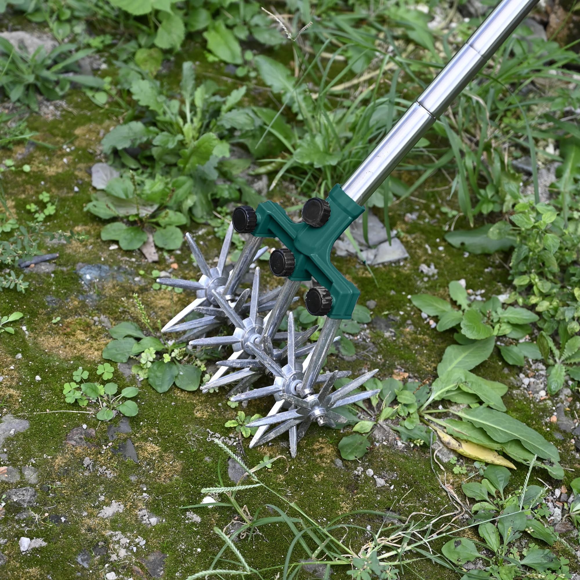Rotary Cultivator Garden Tiller Adjustable Stainless Steel Poles Hand For Soil Mixing Or Reseeding Grass Lawn Total Length 57 Inch