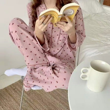 

CoCopeaunt Cotton Womens Pajamas Korean Sleepwear Summer Pijama Heart Print Pyjamas Short Sleeve 2 Piece Set Suits Loungewear