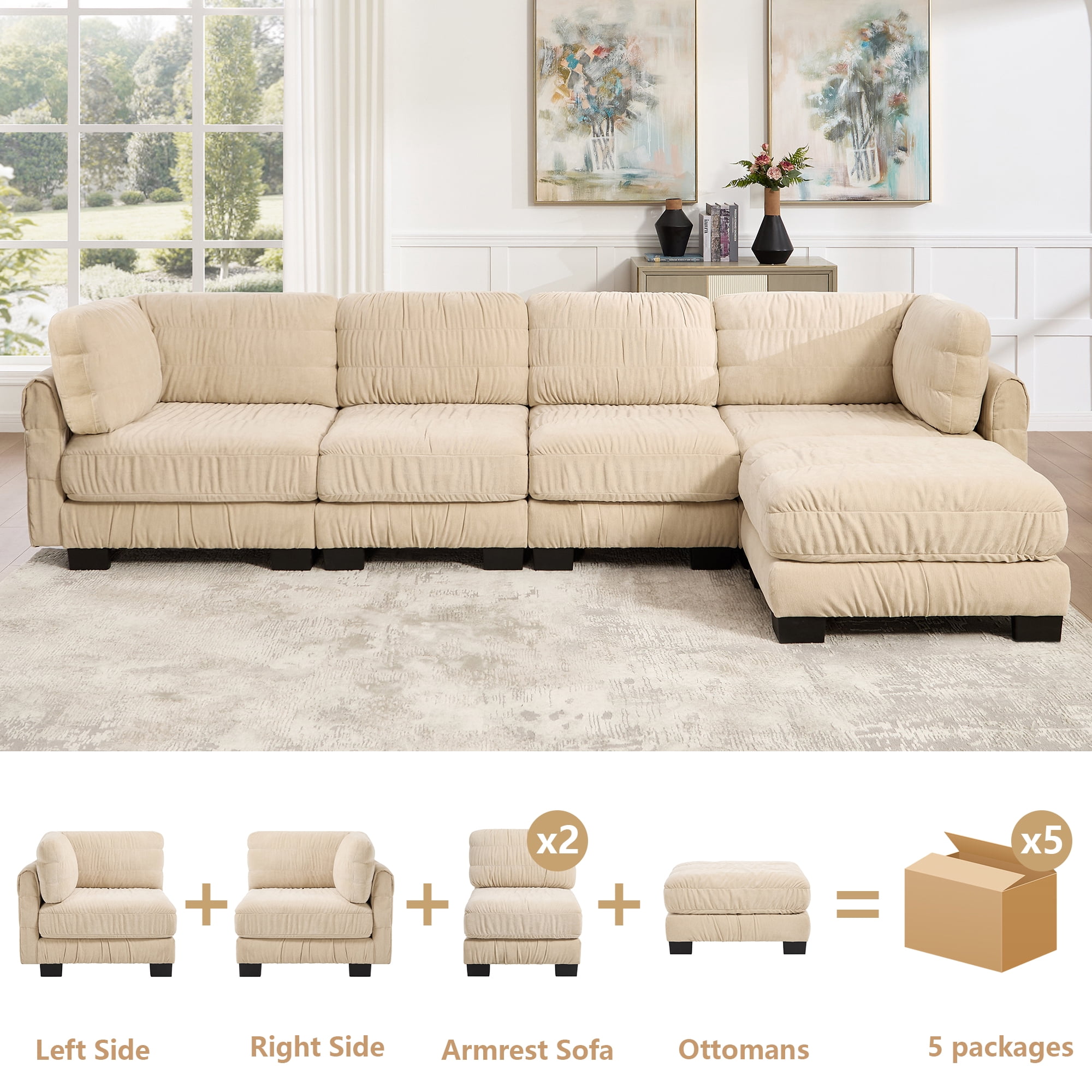 140" L Shape 4 Seat Chenille Modular Sectional Sofa with Ottoman and L Shape Back Cushions,Easy Assembly