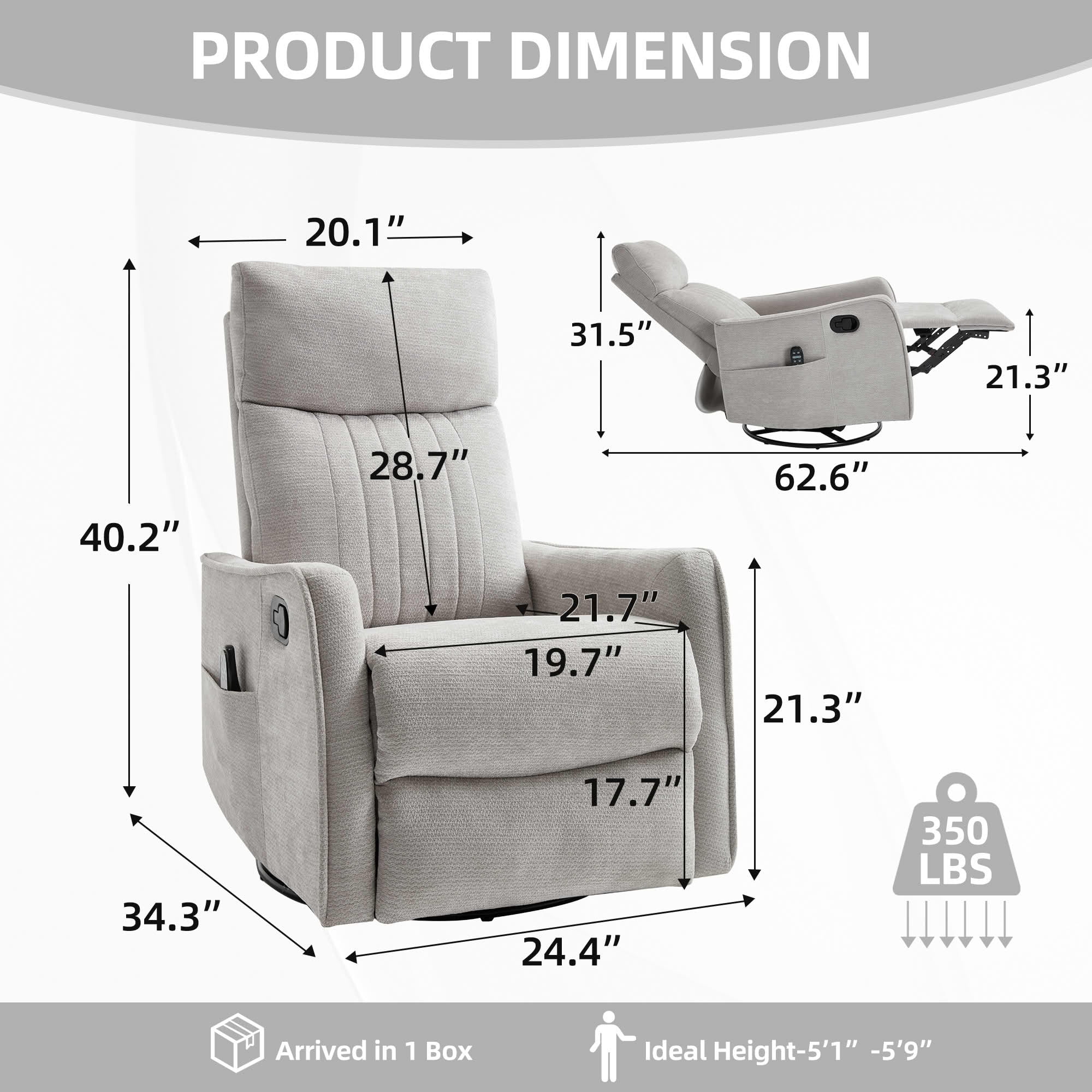MAYEERTY Khaki Chenille Heat Massage Recliner Chair, 360° Swivel Rocker for Living Room, 26x35x39in