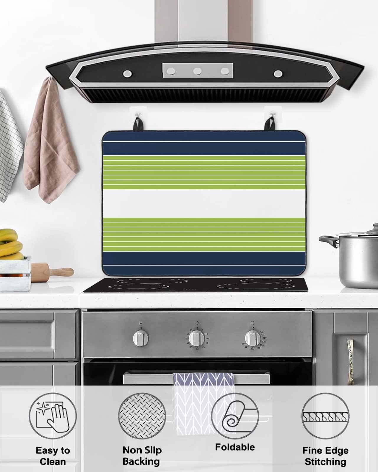 nqOlkjepod Large Induction Cooktop Protector Mat 36"x21", Navy Blue Green Stripe Stove Top Covers for Electric Stove, Modern Art Horizontal Striped Stove Burner Cover Mats, Glass Top Stove Cover