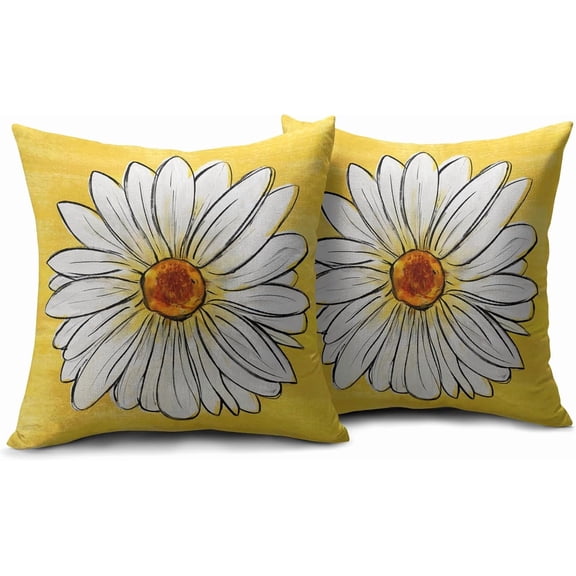 Spring Daisy Pillow Covers 18x18 Set of 2 Cute Floral Yellow Summer Outdoor Decorative Throw Pillows Farmhouse Flower Pillowcases Linen Cushion Case Decor for Home Sofa Couch Bed