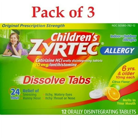 Children's Zyrtec 24 hour Allergy Relief 10mg -12 Dissolve Tablets, Pack of 3