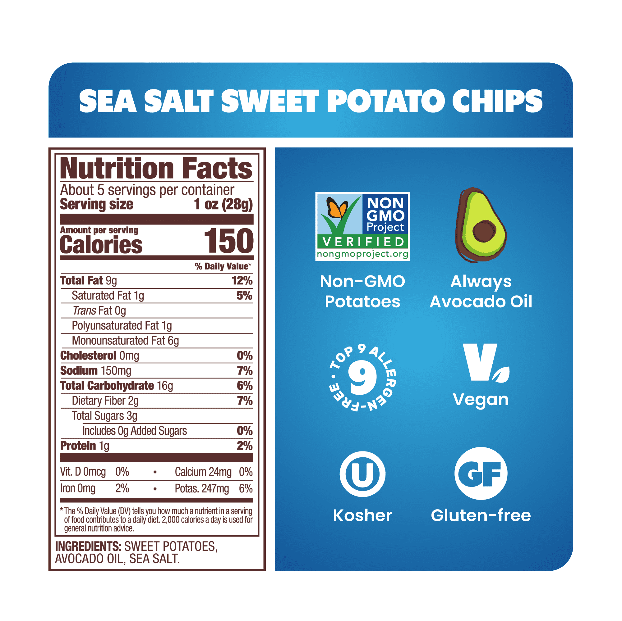 Jackson's Sweet Potato Kettle Chips with Sea Salt, Avocado Oil, Free of Top 9 Allergens, 5 oz
