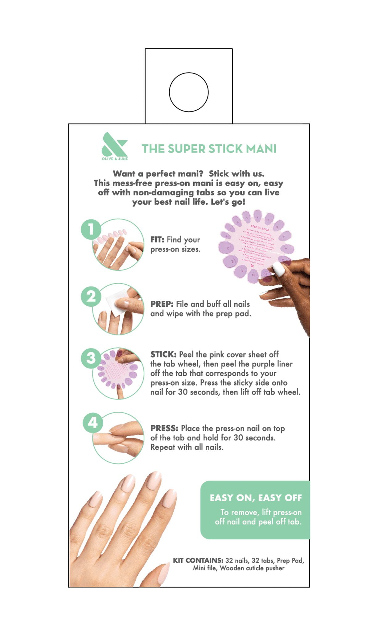 Olive & June Super Stick Tabs, Short Squoval Press-On Nails, Ruby Chrome, 32 Pieces