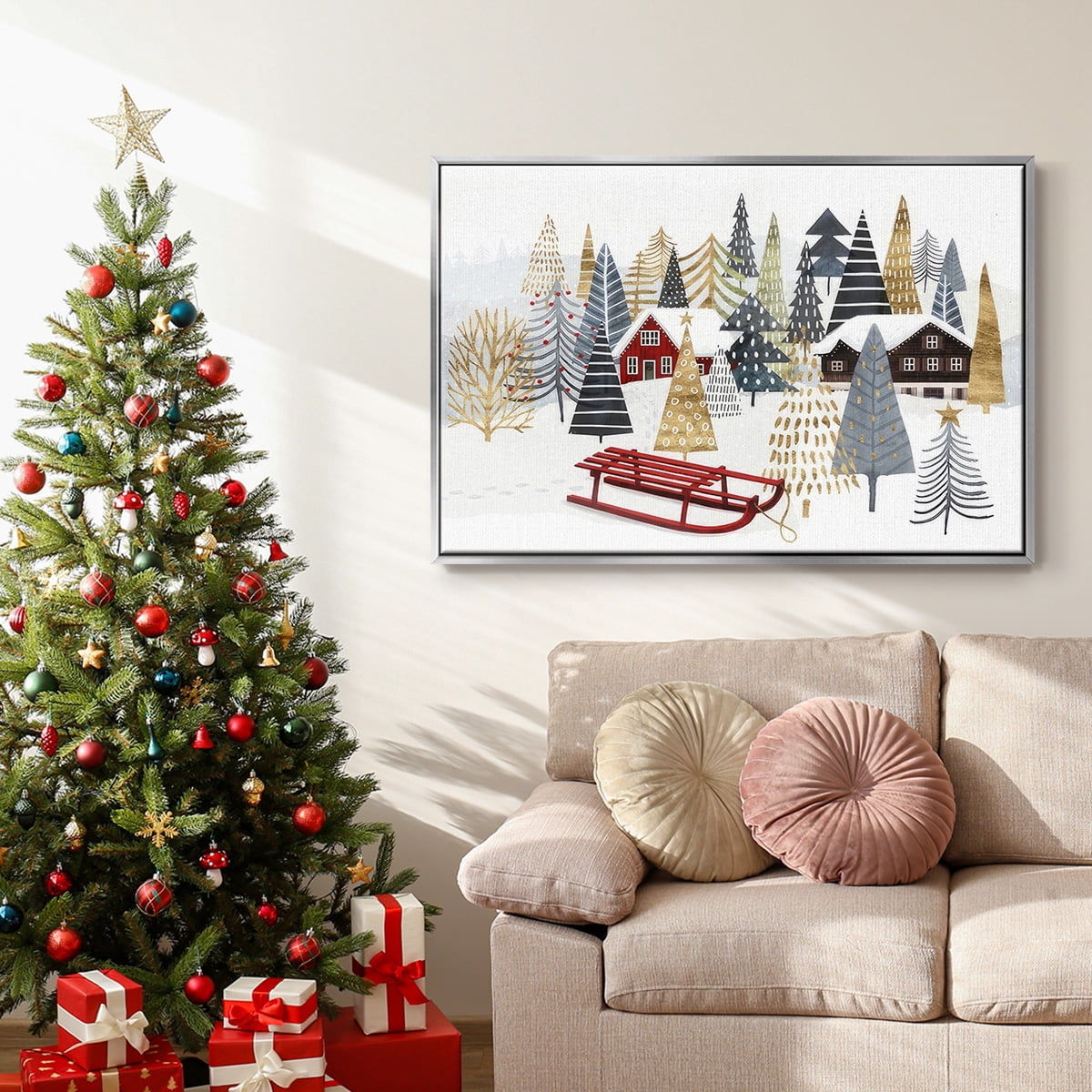Christmas Chalet Collection A - Framed Gallery Wrapped Holiday Canvas - 27 x 41 - Silver Frame