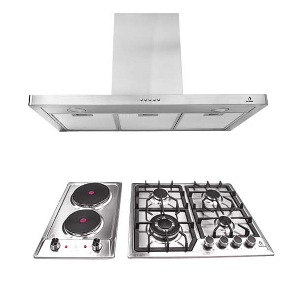 tricombo para cocina supra parrilla de gas y eléctrica con campana de pared Acero, vista frontal centrada: campana tipo "T" en acero inoxidable arriba; abajo a la izquierda parrilla eléctrica de 2 quemadores con controles frontales y conexión directa; abajo a la derecha parrilla de gas LP/natural de 4 quemadores en acero inoxidable con rejillas metálicas y perillas frontales. También suele usarse para cocinas empotradas en espacios compactos.