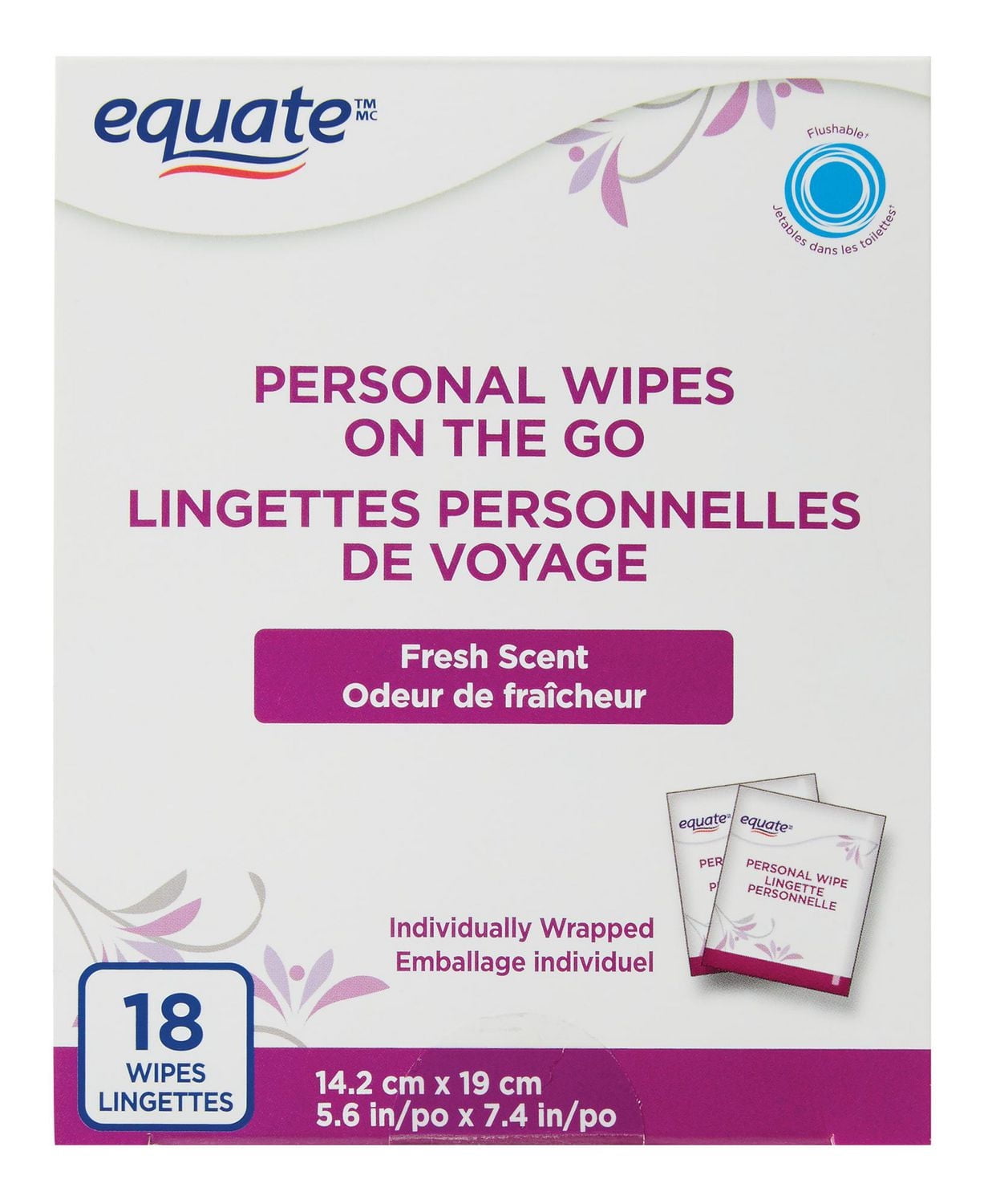 Lingettes personnelles de voyage Odeur de fraîcheur Equate Paquet de 18 (14,2 cm x 19 cm)