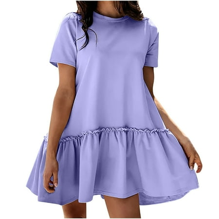 

Red Dress Valentines Dress for Women Women s Fashion Casual Pure Color Crew Neck Short Sleeve Summer Dress Women s Dresses Womens Tops Dressy Casual on Clearance Purple L