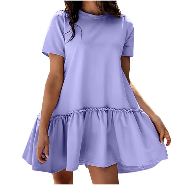 Vestido de verano de manga corta con cuello redondo de color sólido informal de moda para mujer Pompotops ghjkhdj12706