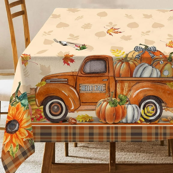 Fall Tablecloth 60 x 84 Inches, Fall Table Cloth Rectangle, Autumn Pumpkin Red Truck Tablecloth for Home Kitchen Dining Decor