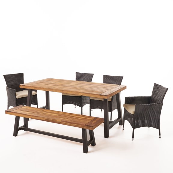 GDF Studio Preston Outdoor Acacia Wood and Wicker 6 Piece Dining Set, Sandblasted Teak and Multibrown