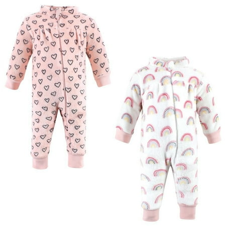 Hudson Baby Infant Girl Plush Jumpsuits, Modern Rainbow, 6-9 Months
