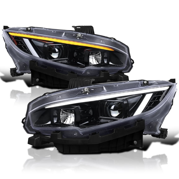 Spec-D Tuning Jet Black LED DRL Projector Headlights w/ Switchback & Sequential Signal Compatible with 2016-2021 Honda Civic w/ Factory Halogen Headlamps, Left   Right Assembly
