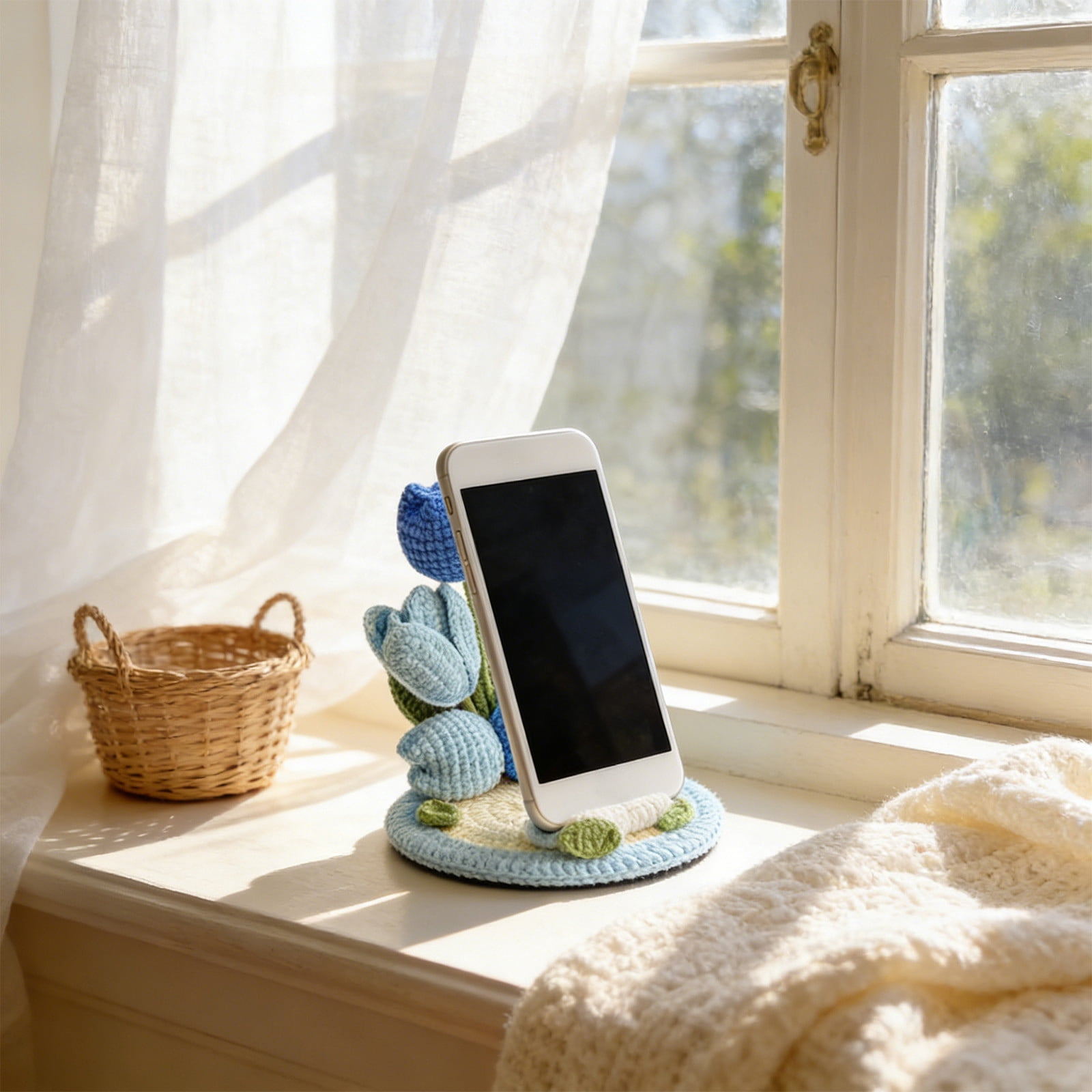 AURIGATE Handmade Crochet Tulip Flower Phone Stand, 5.12 Inch Cotton Cute Floral Phone Holder for Desk Home Office Decor