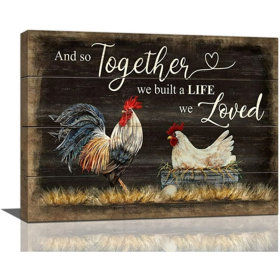 Farmhouse Rooster Wall Art Country Chicken Hen Hatching Chicks Pictures Wall Decor Rustic Farmhouse Canvas Prints Painting Country Framed Artwork for Kitchen Bedroom Living Room 16"x12"