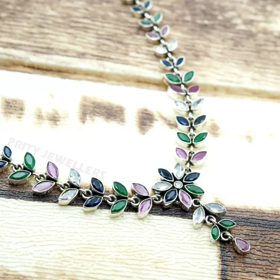 Green Onyx Blue Onyx & CZ Necklace 925 Sterling Silver Handmade Jewelry