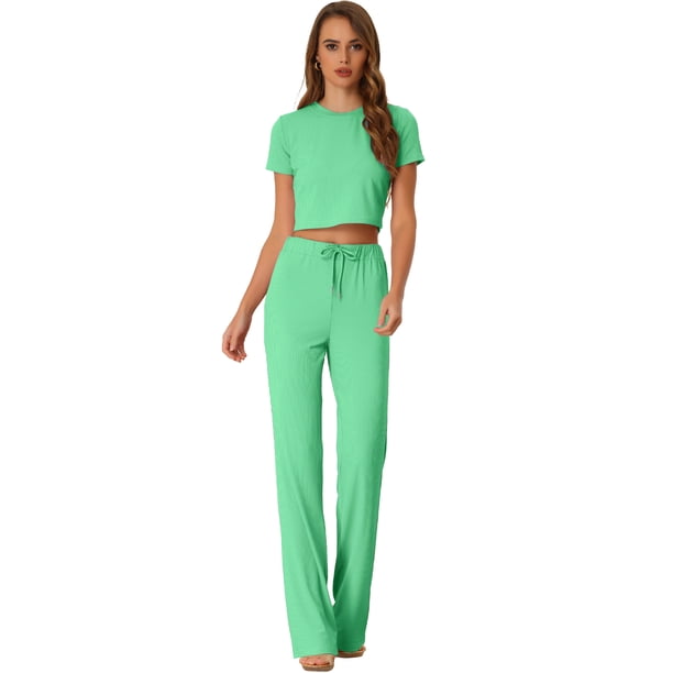 Conjunto de salón de dos piezas Allegra K manga corta ajustado acanalado Top corto de punto pantalón de pierna ancha holgado Verde L