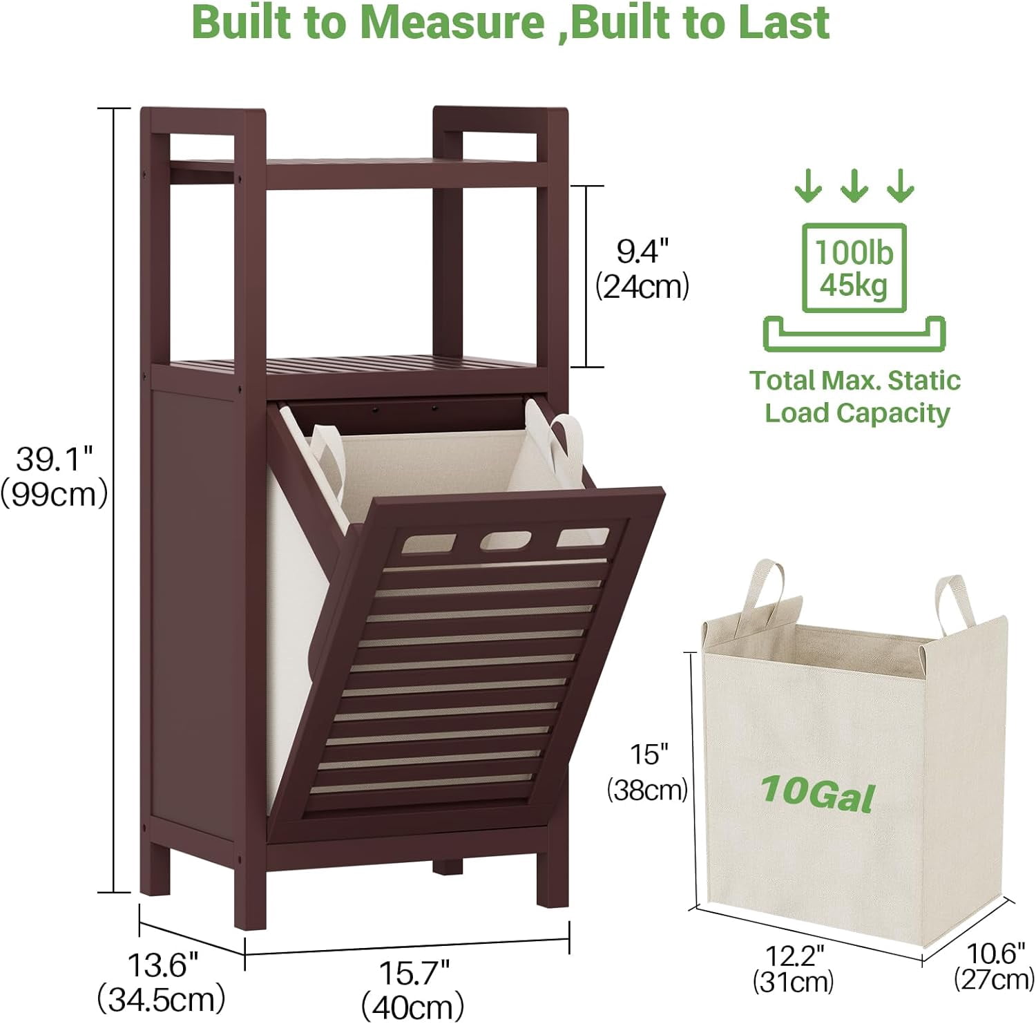 Tilt-Out Laundry Hamper Cabinet, 10 Gal Bamboo with Removable Basket and Shelf, Espresso