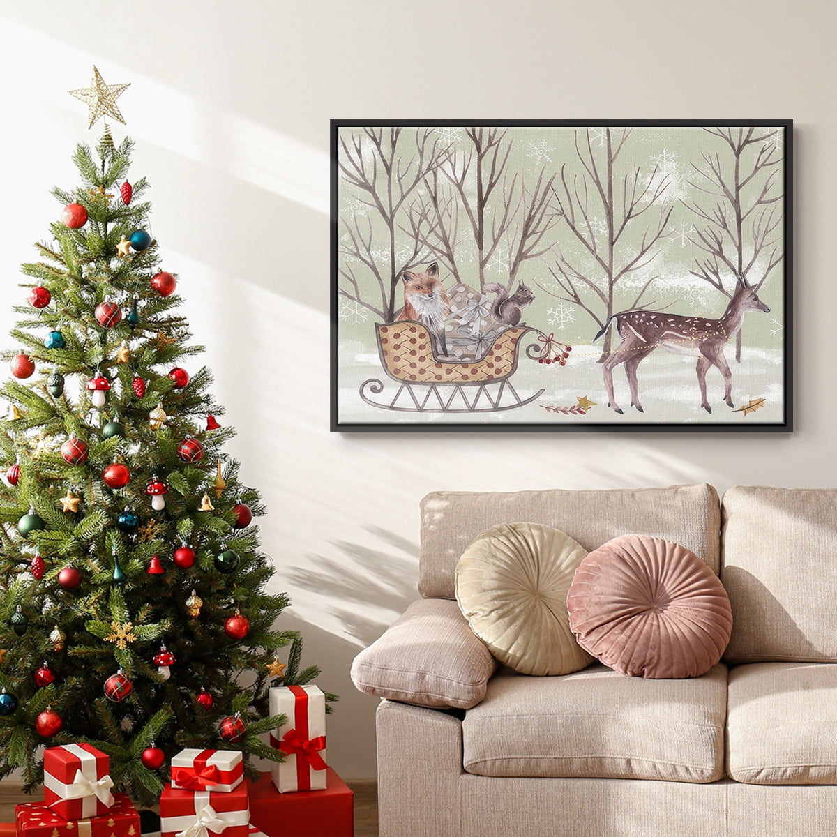 Christmas Time I - Framed Gallery Wrapped Holiday Canvas - 25 x 37 - Black Frame