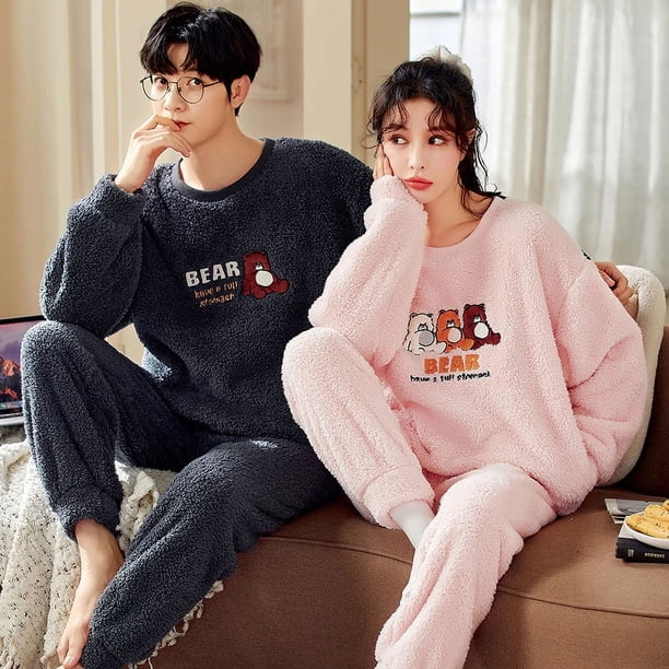 Pijama de pareja de vellón coral para hombre y mujer, otoño e invierno, con dibujos animados, forro polar, franela gruesa y cálida, traje de manga larga para el hogar