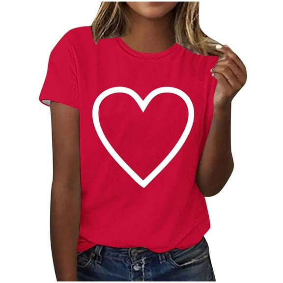 Valentine's Day T-Shirt Women Cute Heart Graphic Tee Short Sleeve Crewneck Tunic Tops Basic Clothes