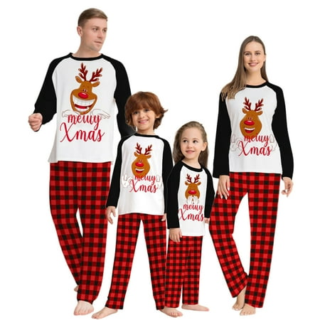 

SYNPOS Family Matching Pajamas Set Dad Mom Kid Baby Christmas Rudolph Plaid Sleepwear