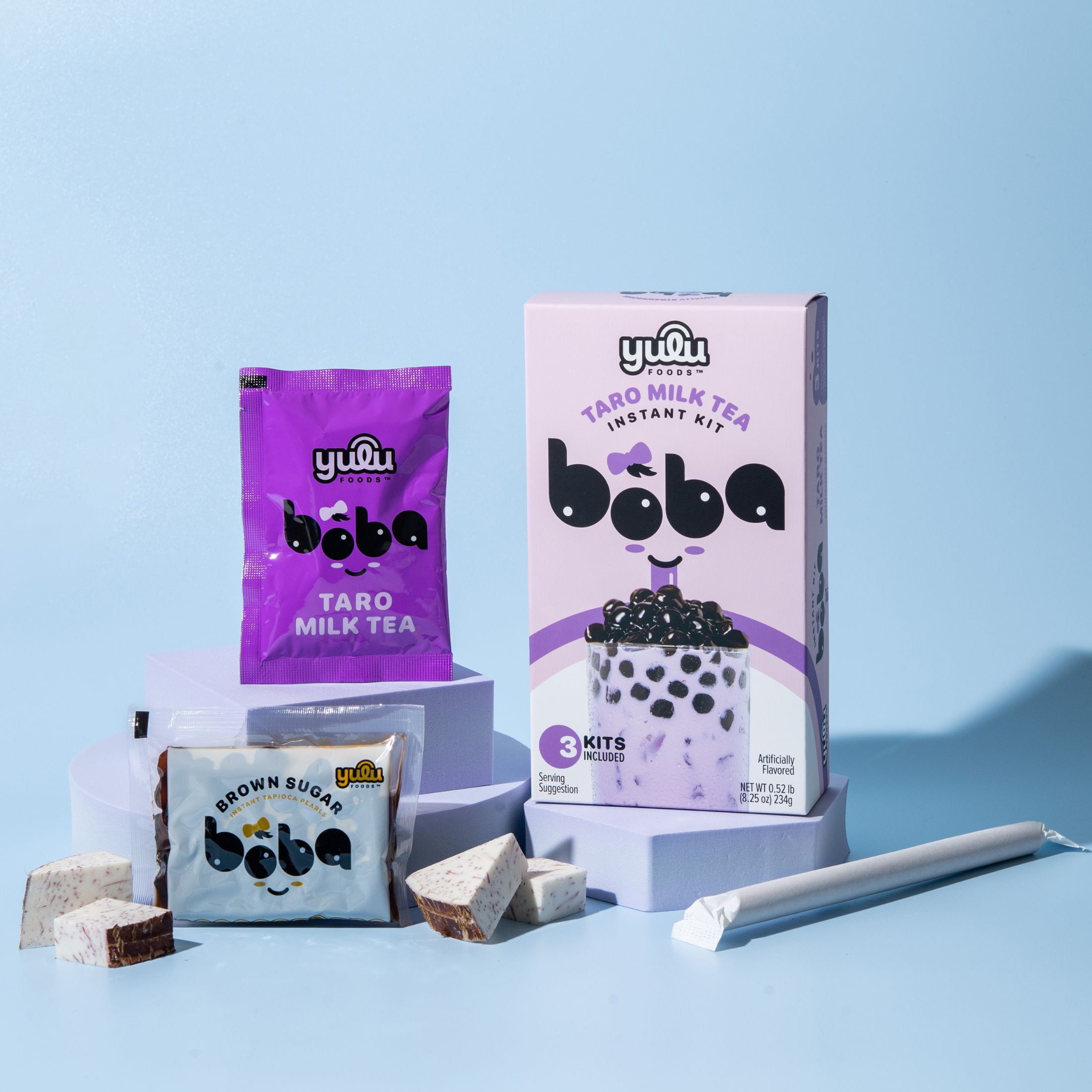 Yulu Instant Boba Taro Milk Tea, Bubble Tea Kit, 3 Drinks