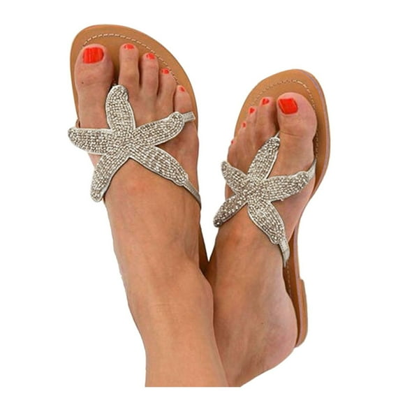 Dakaela Beach Sandals for Woman Cute Starfish Slide Flats Women's Bohemian Thong Flip Flops Silver 8.5