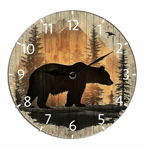 Kurmntregon Cabin Bear Wall Clock Forest Wildlife Mountain Lodge Kitchen Living Room Silent Non-Ticking Decorative Clock Battery Operated Bedroom Home Decorative Round 10"