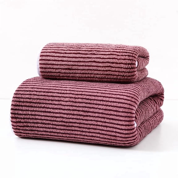 Nvzi Striped Towel Set of 2 Soft Absorbent Bath Towel Hand Towel, Coral Fleece Quick Dry for Bathroom Gym,Dark Pink