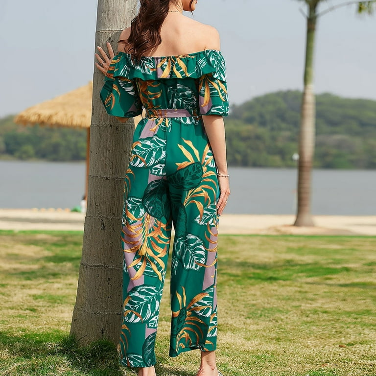 Off Shoulder Jumpsuit for Women Floral Printed Wide Leg Rompers Overalls  Winter Tie Waist Ankle Beach Outfits Pants