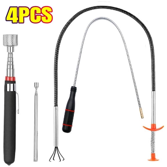 4 Pack Telescoping Magnet Pick-up Tool Set, Extendable Pick Up Tools, Bendable Spring Magnet Stick, Flexible Reach Bendable Curve Grabber with 4 Claws