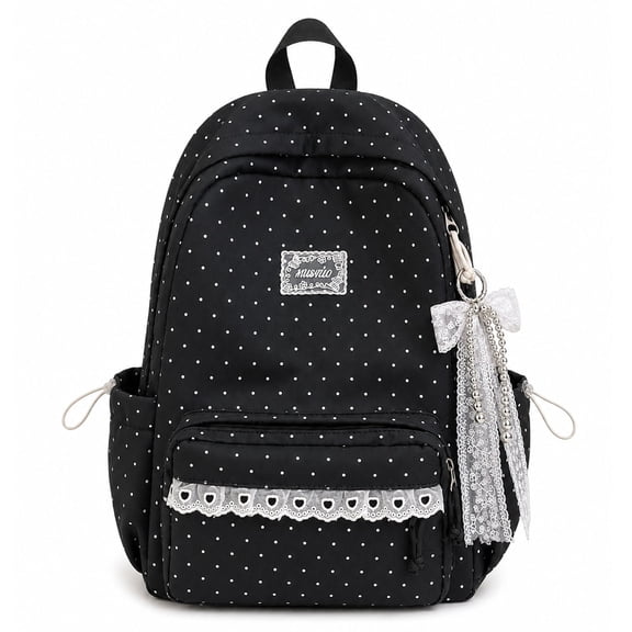 Polka Dot Backpack, Cute Lace Backpack with Decorative Charm, Roomy Daypack with Front Zipper Pocket, Side Pockets, Adjustable Straps, Top Handle and Lace Pendant, 16.9 x 11.8 x 5.9 Inch