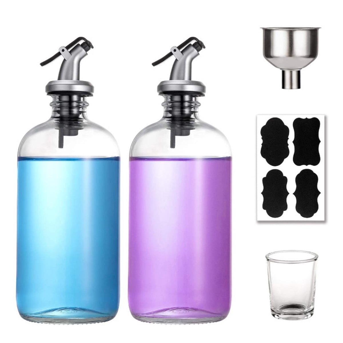 Austok 16oz Glass Mouthwash Dispenser 2 Pack Clear Mouthwash Decanter with Pour Spout Funnel and Labels Reusable Mouthwash Bottles Container for Bathroom Kitchen